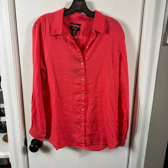 Jones & Co salmon pink collared button up 100% linen shirt. Sz M - Picture 1 of 9
